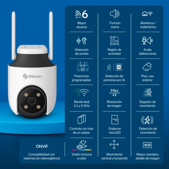 Cámara de seguridad Wi-Fi* 6 / Ethernet 8 Mpx robotizada con seguidor de movimiento para exterior, doble banda