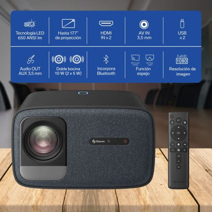 Proyector multimedia Home Theater Full HD de 650 ANSI lm con función espejo, ajuste automático de enfoque y trapecio y sistema óptico sellado