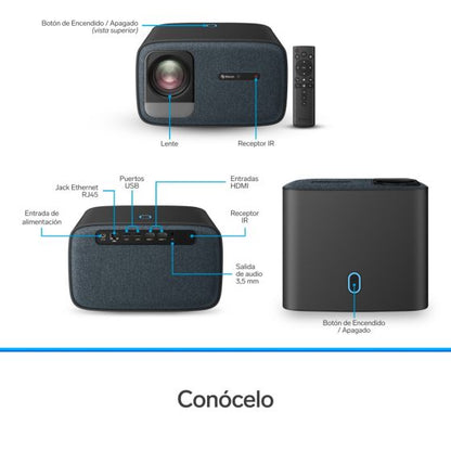 Proyector multimedia Home Theater Full HD de 650 ANSI lm con función espejo, ajuste automático de enfoque y trapecio y sistema óptico sellado