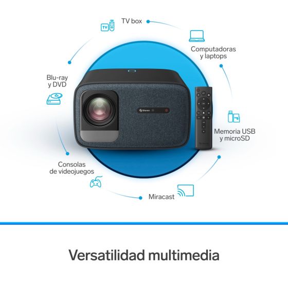 Proyector multimedia Home Theater Full HD de 650 ANSI lm con función espejo, ajuste automático de enfoque y trapecio y sistema óptico sellado